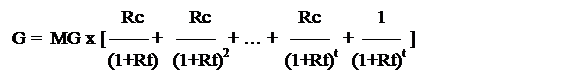 Text Box: 		   Rc          Rc                   Rc            1
G =  MG x [ —— +   ——   + … +   ——   +  ——  ]
		(1+Rt)   (1+Rt)2            (1+Rt)t   (1+Rt)t
