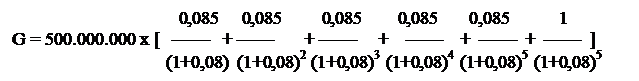 Text Box: 		   	     0,085     0,085         0,085        0,085       0,085           1
G = 500.000.000 x [   ——   + ——       + ——     +    ——    +  ——  +  ——  ]
			  (1+0,08)  (1+0,08)2  (1+0,08)3  (1+0,08)4  (1+0,08)5  (1+0,08)5      
